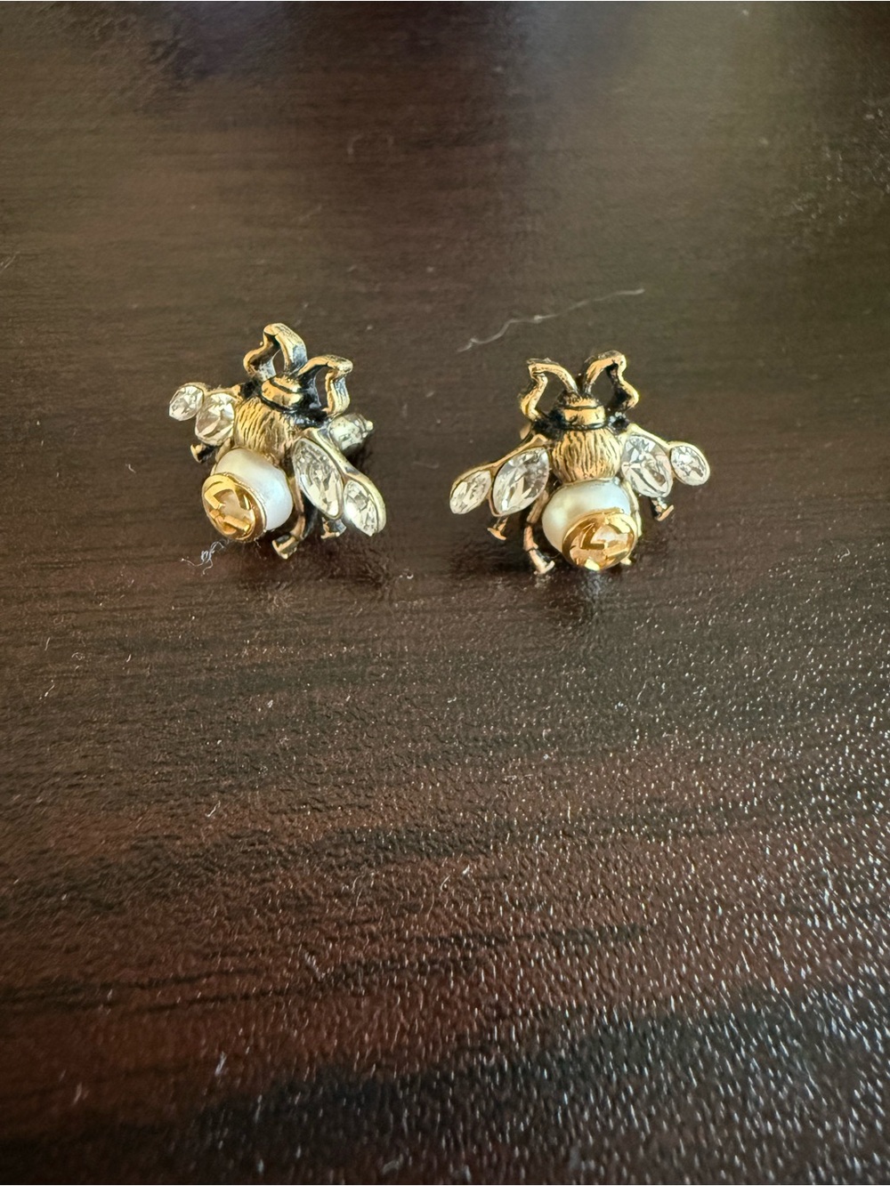 Gucci Gold Bee Pearl & Crystal Stud Earrings
